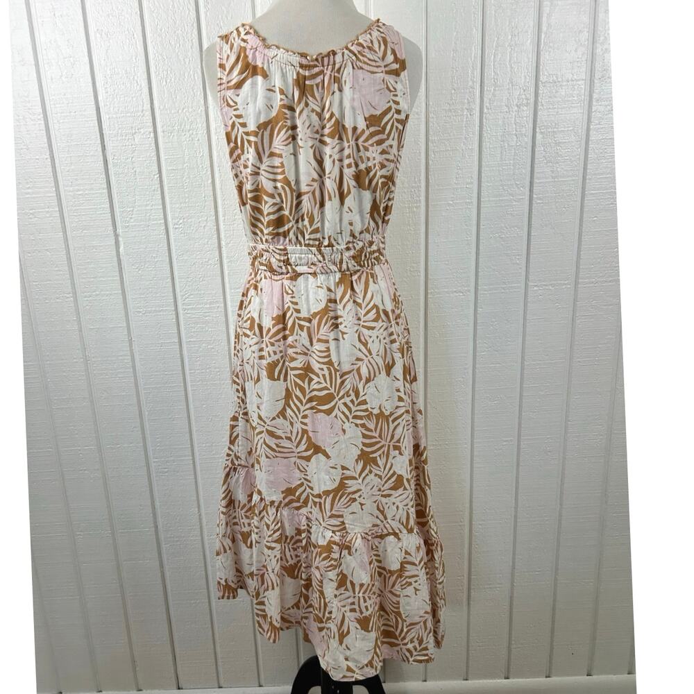 SO Sleeveless Tropical Leaf Midi Dress XL Brown White Pink Cotton Viscose Boho - Picture 5 of 8